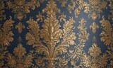 Intricate gold & blue damask floral wallpaper, seamless pattern,  antique,  rococo