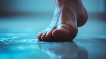 Aufkleber - Female foot taking a step on a wet tiled floor, creating a sense of vulnerability and mystery