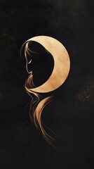Aufkleber - Luminous crescent moon embracing windswept hair against shadowy mystical background, evoking celestial dramatic essence