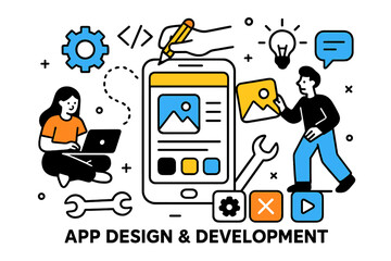 Wall Mural - modern vector illustration showcasing app design and development process with creative elements and 