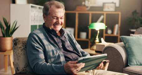 Aufkleber - Senior man, tablet and laugh on sofa, relax and happy with streaming, movie and comedy show on web in home. Elderly person, touchscreen and scroll for funny film, app and smile on couch in retirement
