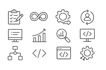 Wall Mural - modern vector illustration showcasing various icons related to technology, analytics, and developmen