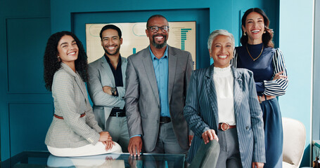 Poster - Portrait, group and business people in office, investment and diversity with confidence, finance advisor and smile. Face, accounting and employees in workplace, partnership and support with pride