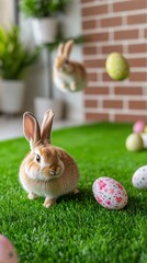 Wall Mural - lovely easter bunnies and colorful eggs create a cheerful springtime scene