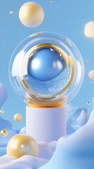 Poster - Translucent blue geometric sphere encapsulated within golden rings, hovering above reflective pedestal against soft azure backdrop