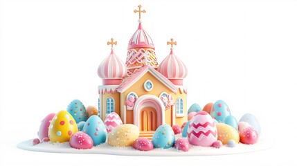 Wall Mural - charming 3d rendering showcases a whimsical easter scene with colorful eggs surrounding a festive ch