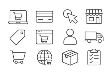 Modern vector illustration depicting various elements of online shopping and e-commerce interactions for a digital experience