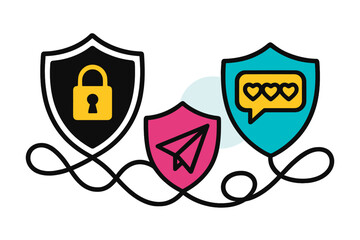 Wall Mural - modern vector illustration showcasing security, communication, and connection symbols with colorful 