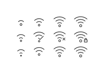 Wall Mural - vector illustrations of various wifi symbols including connection status, security indicators, and n