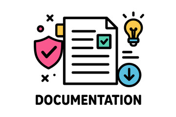 Wall Mural - modern vector illustration depicting documentation materials with checkmarks, a light bulb, and shie