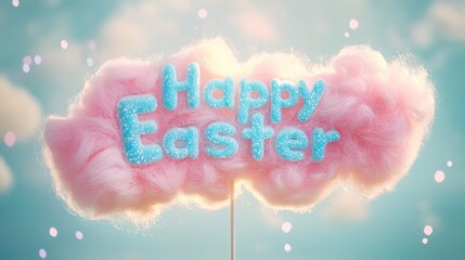 Aufkleber - Pink cotton candy with glittering blue happy easter greeting text on a stick over blue sky background