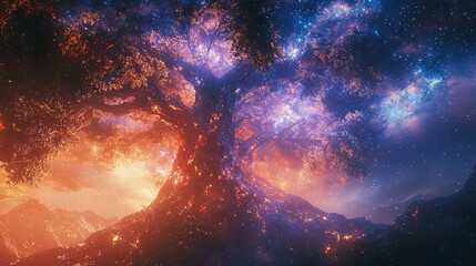 Wall Mural - The Big Tree of Life, glowing with cosmic energy, stands at the threshold of the terrestrial and celestial realms, with its branches forming pathways to other worlds.