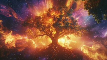 Wall Mural - The Big Tree of Life rising through a vibrant cosmic landscape, with its trunk glowing and connecting both the terrestrial and celestial spheres.