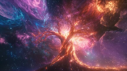 Wall Mural - The Big Tree of Life rising through a vibrant cosmic landscape, with its trunk glowing and connecting both the terrestrial and celestial spheres.