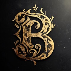 Aufkleber - Ornate golden letter b with delicate floral pattern, embodying vintage luxury against deep dark backdrop