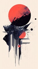 Poster - Geometric abstraction with layered red circles, textured surfaces, minimalist composition against soft neutral backdrop