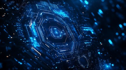 Abstract blue hexagonal molecular structure on a dark background with bokeh