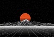 © Bundi - A retro futuristic landscape featuring mountains and a sun situated in the depths of space, reminiscent of 80s styled synthwave, with a sunrise unfolding over an alien planet