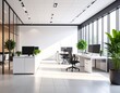 © Adi - Large blank white wall in modern office with plants and sunlight.