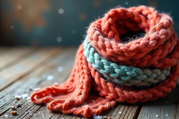Wall Mural - Cozy chunky knit scarf draped over a rustic wooden surface, winter scene , fire, sweater