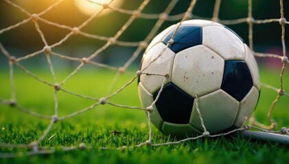 Close-up of a soccer ball in a net, showing the texture of the net and ball , macro, detail, field