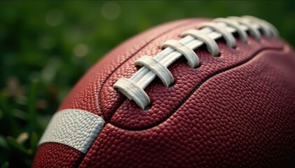 Wall Mural - Close-up of a worn, textured football pigskin, showing laces and stitching , rough, game ball