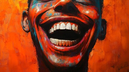 Aufkleber - Vibrant artwork depicting laughing man, revealing teeth and tongue against bright orange backdrop