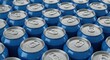 © PLATİNUM - A detailed top-down perspective shows many blue soda cans with silver tops, ready to be enjoyed.