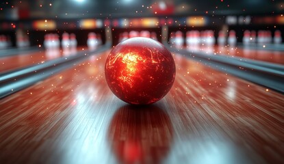 Wall Mural - Red Glowing Bowling Ball on Polished Wooden Lane