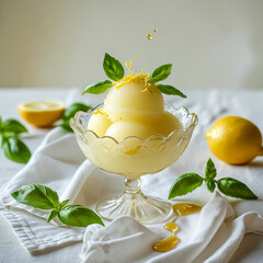 Poster - Refreshing Lemon Sorbet with Basil in a Glass Bowl on a Leg