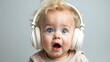 © leon - Baby wearing headphones listening to music adorable kid surprised expression
