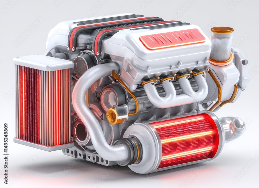 Red V6 Engine V6 diesel engine featuring red cylinders, a concept that includes a ...