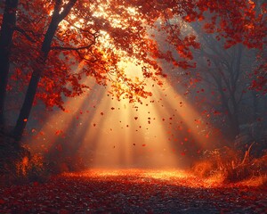 Wall Mural - glowing autumn forest illuminated by golden sunlight