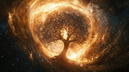 Wall Mural - The Tree of Life positioned at the center of the cosmos, surrounded by swirling galaxies, its leaves glowing with the light of creation and its roots entwined with the planet.
