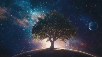 Wall Mural - The Tree of Life standing at the edge of the earth, with its branches reaching upward into a night sky filled with stars, planets, and cosmic clouds.