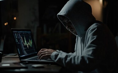 digital intruder: a shadowy figure, concealed by a hooded sweatshirt, intensely monitors data on a l