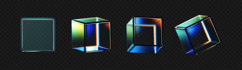 Wall Mural - 3D crystal glass cubes set with refraction and iridescent effects isolated on dark background. Render transparent rotating glass box with neon dispersion light and rainbow gradient. 3d vector figure