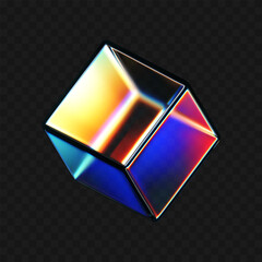 Wall Mural - 3d crystal glass cube with refraction and iridescent effects isolated on dark background. render tra