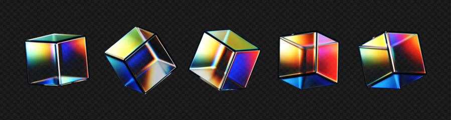 Wall Mural - 3D crystal glass cubes set with refraction and iridescent effects isolated on dark background. Render transparent rotating glass box with neon dispersion light and rainbow gradient. 3d vector figure
