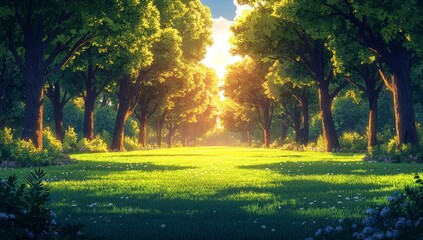 Wall Mural - Sunlit Forest Path Pixel Art Landscape of Green Trees and Meadow