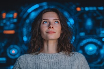 Aufkleber - Woman contemplating in a modern, futuristic environment with glowing blue technology and intricate displays