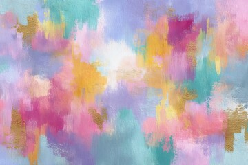 Leinwandbilder - Colorful abstract painting featuring bold brush strokes in pastel shades of pink, blue, and gold highlights