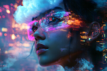 Wall Mural - futuristic portrait of a person with floating digital elements and a cloud-like head display in neon
