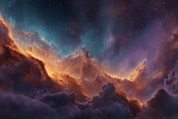 Aufkleber - Colorful cosmic clouds illuminated by stars in a vibrant night sky over an expansive universe