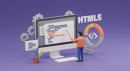 A 3D illustration of a programmer working on HTML5 coding at a computer.
