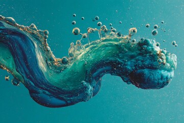 Poster - Swirling blue and green liquid forms captivating patterns against a teal background during a creative fluid dynamics experiment