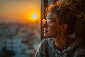 Aufkleber - Woman gazes thoughtfully at sunset from a city apartment window in the evening light