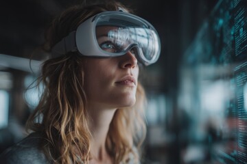 Poster - Woman engaged in virtual reality experience while observing digital interface in modern tech environment