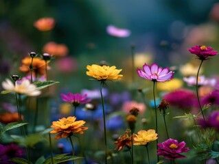 Aufkleber - Vibrant Cosmos Flowers in a Lush Garden, Symbolizing Natural Beauty and Springtime Renewal for Floral Design Projects : Generative AI