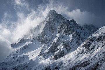 Poster - Snowy Mountain Peak With Drifting Clouds, Representing Adventure Travel and High Altitude Exploration for Outdoor Enthusiasts and Winter Sports Promotion : Generative AI